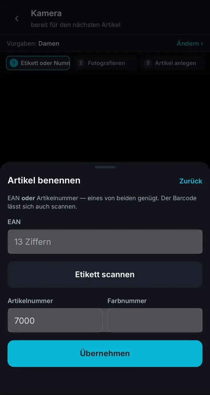 Eingabemaske Artikel benennen mit Feldern für EAN, Artikelnummer und Farbnummer