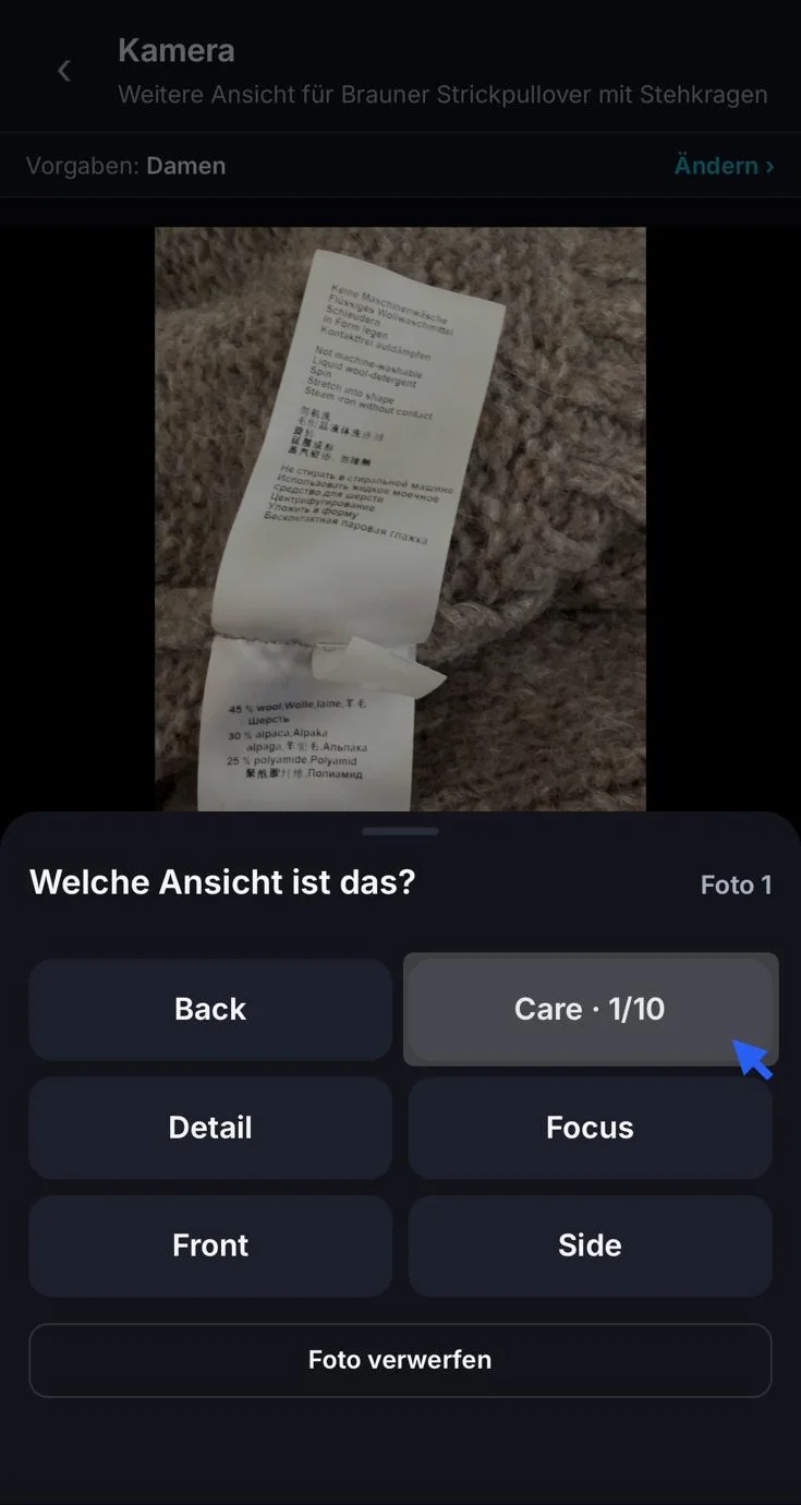 Auswahl der Ansicht mit Back, Care, Detail, Focus, Front und Side, Care ist ausgewählt, im Bild das Pflegeetikett
