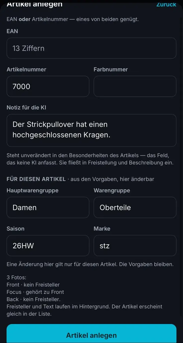 Formular Artikel anlegen mit Nummern, Notiz für die KI, Warengruppe, Saison und Marke