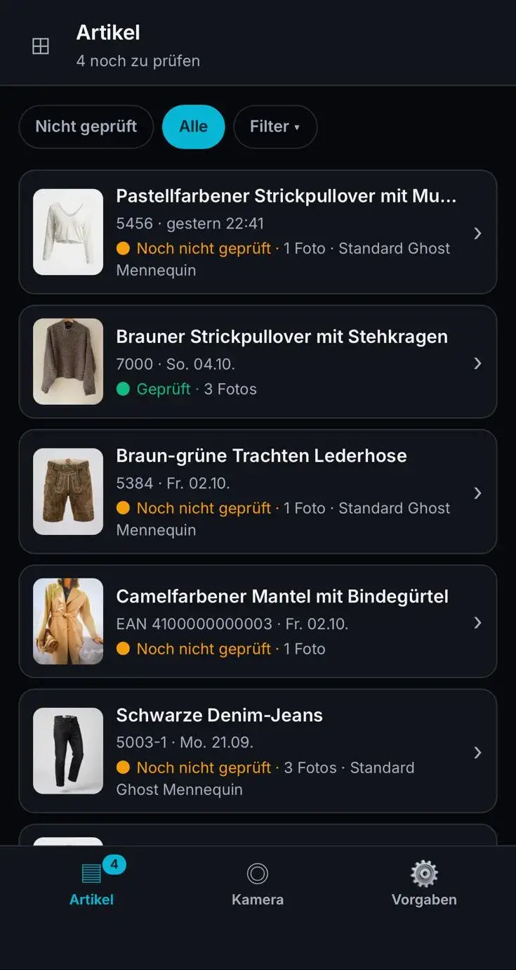 Artikelliste mit Status Geprüft und Noch nicht geprüft