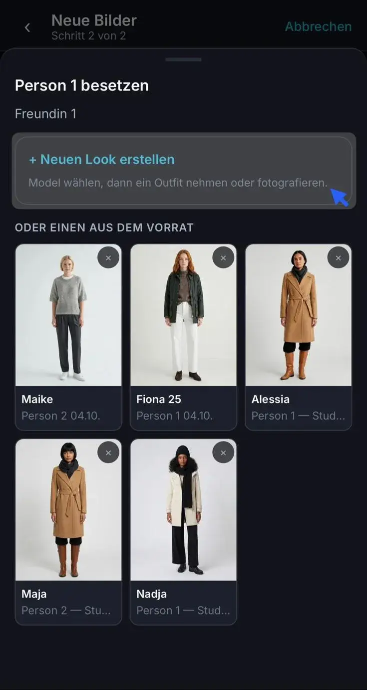 Person 1 besetzen mit Neuen Look erstellen und Looks aus dem Vorrat