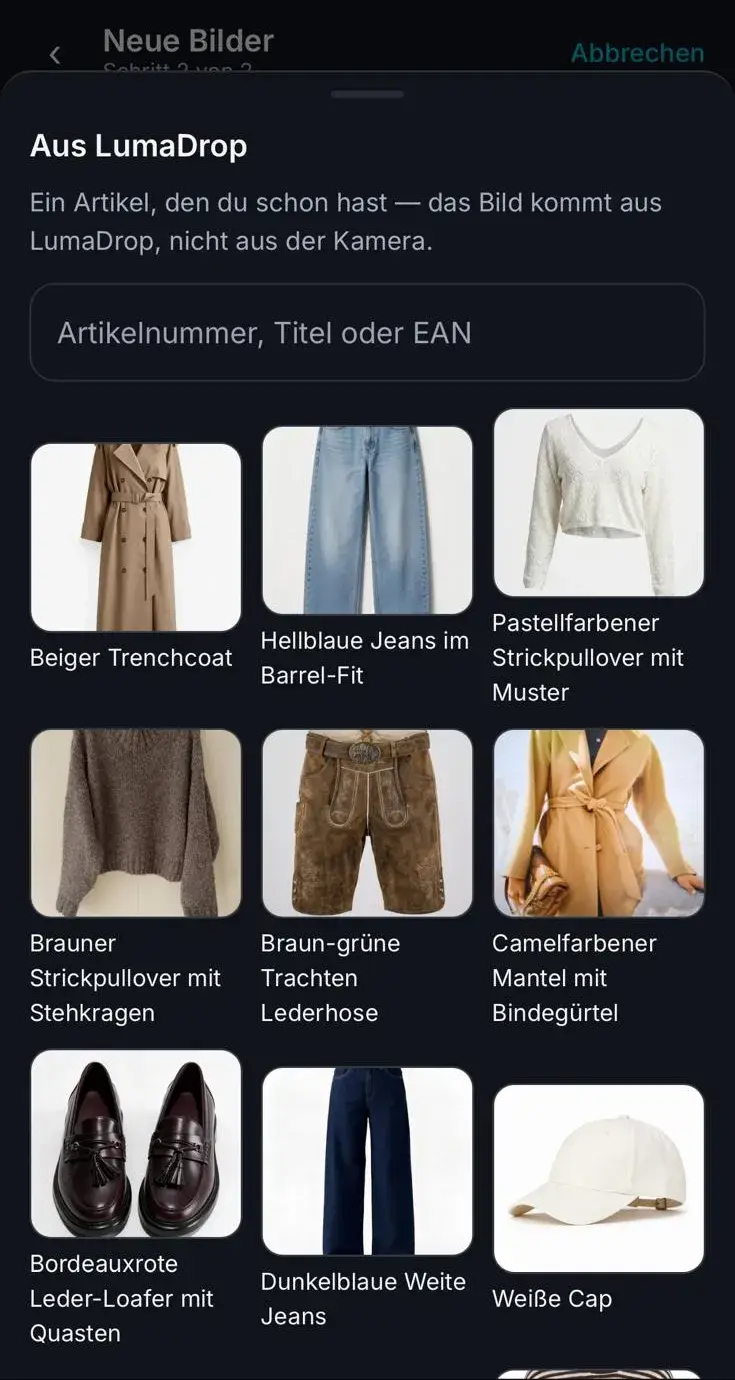 Auswahl Aus LumaDrop mit bereits erfassten Artikeln