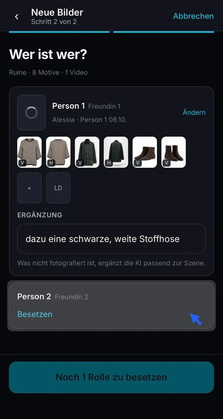 Person 1 ist besetzt, darunter das Feld Ergänzung