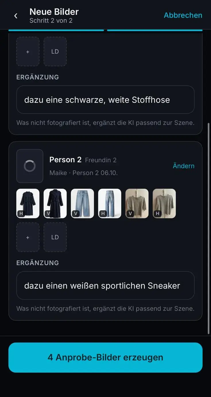 Beide Rollen besetzt, Button Anprobe-Bilder erzeugen