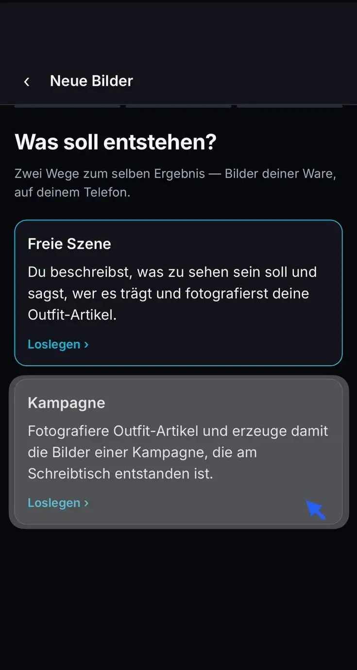 Auswahl Was soll entstehen mit den Optionen Freie Szene und Kampagne