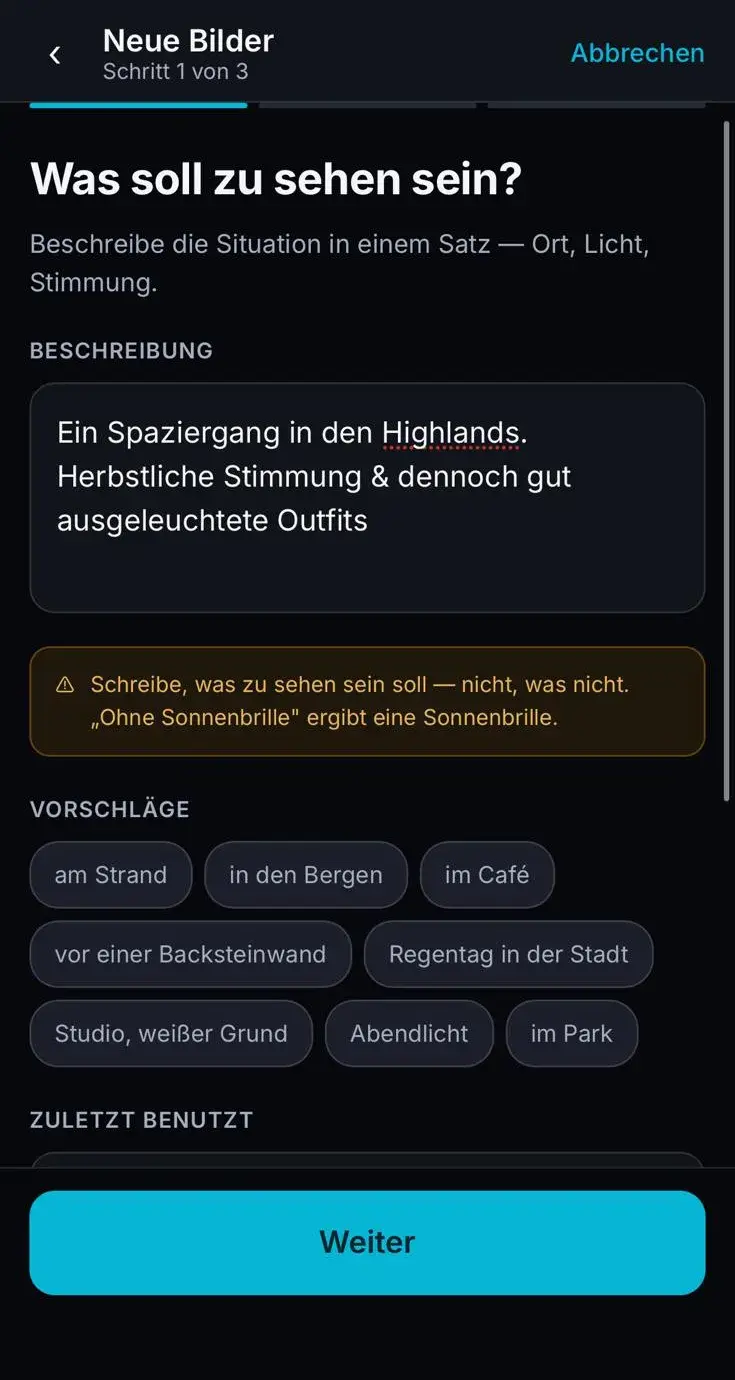 Eingabe Was soll zu sehen sein mit Beschreibung und Vorschlägen
