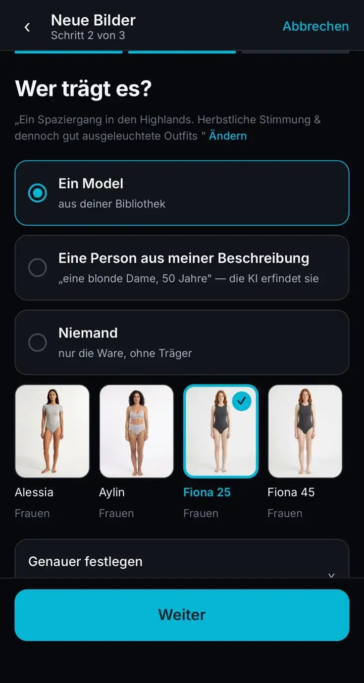 Auswahl Wer trägt es mit Model, beschriebener Person oder niemand