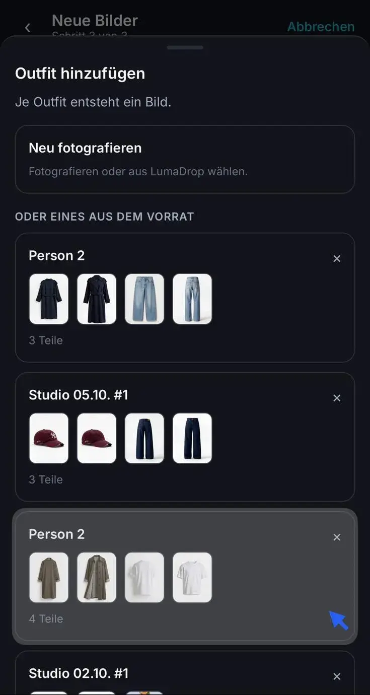 Outfit hinzufügen mit Neu fotografieren und Outfits aus dem Vorrat