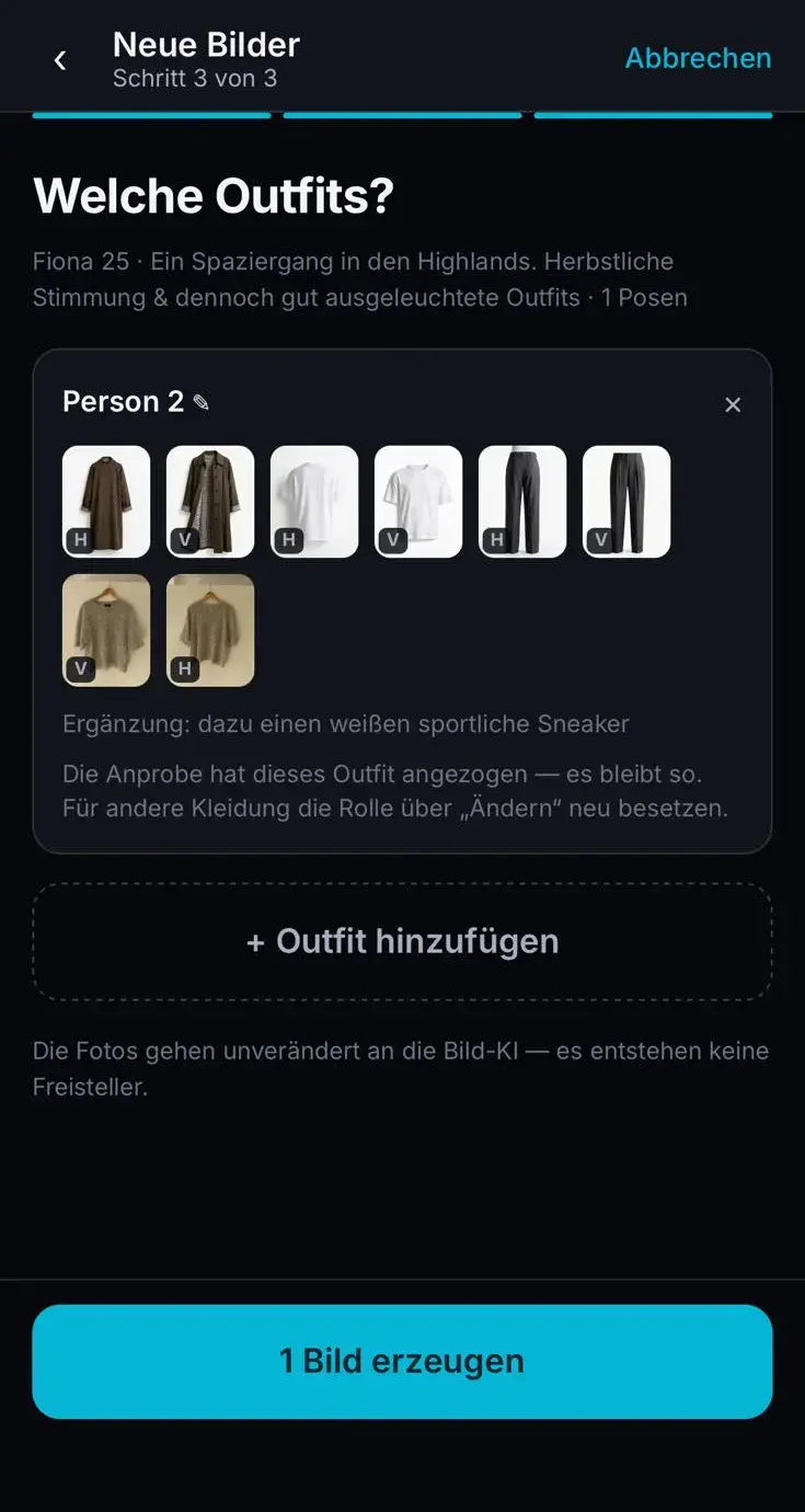 Gewähltes Outfit mit Button 1 Bild erzeugen